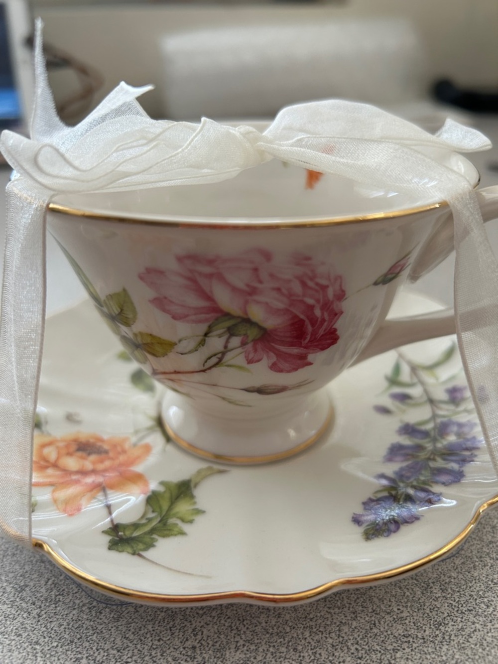 Fine Bone China Floral Teacup and Saucer Set in Pink and White— New